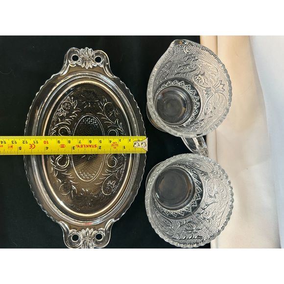 DUNCAN MILLER Sugar Cream Coffee Tea Set Tray Vintage Retro Glass MANGANESE - Picture 16 of 16